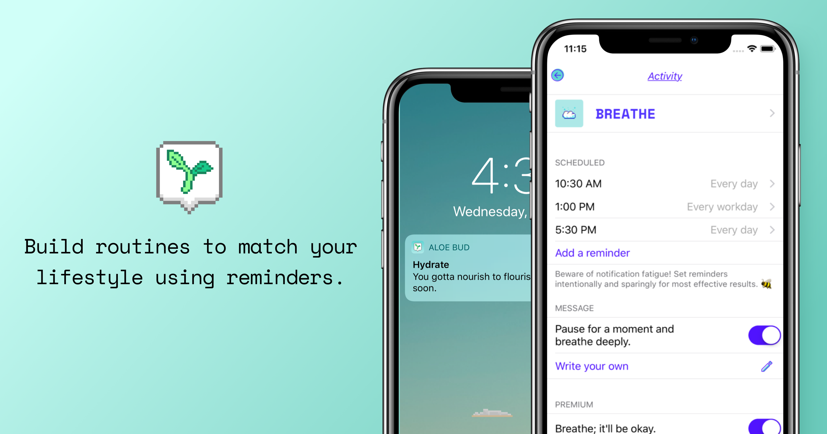 App Store artwork featuring Aloe Bud, a self-care pocket companion, with text saying "Build routines to match your lifestyle using reminders."