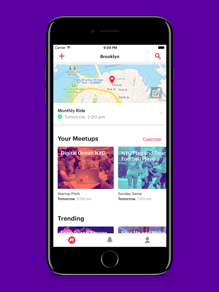 A screenshot of the new Meetup app displaying meetups in Brooklyn.