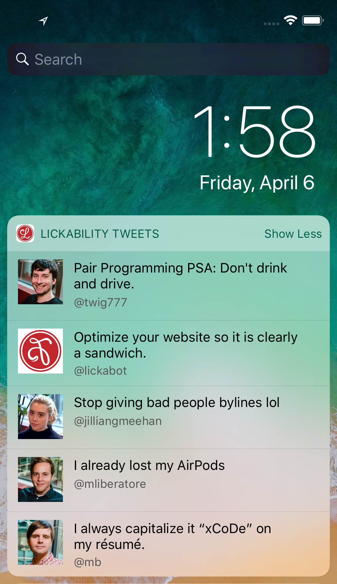 A screenshot of an app displaying tweets from Lickability team members in a widget.