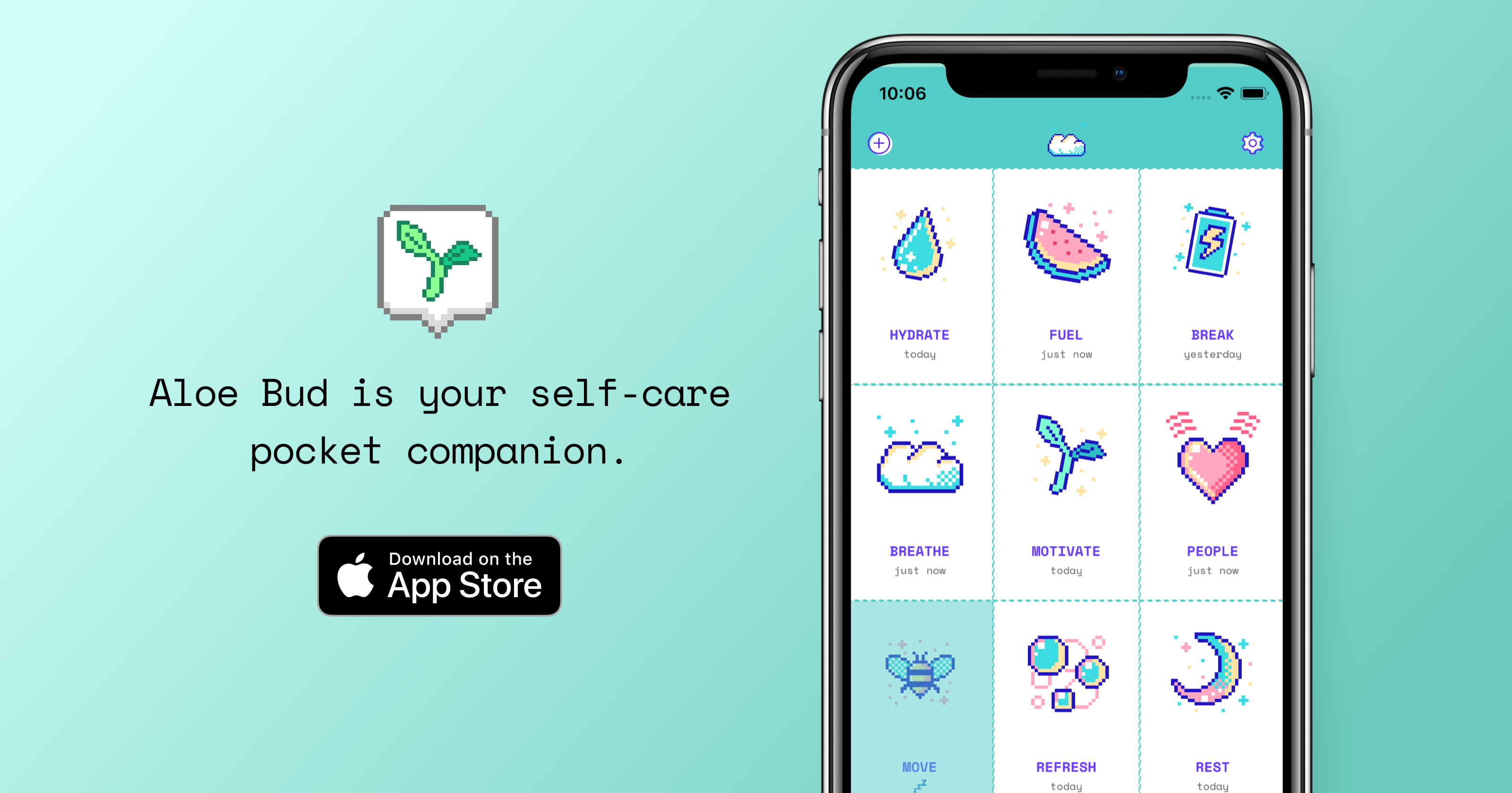 App Store artwork featuring Aloe Bud, a self-care pocket companion, with text saying "Aloe Bud is your self-care pocket companion" and a badge that says "Download on the App Store."