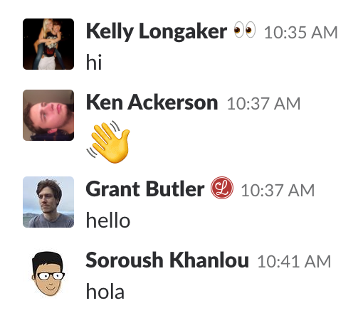 A screenshot of a Slack conversation with our friends, saying hello.