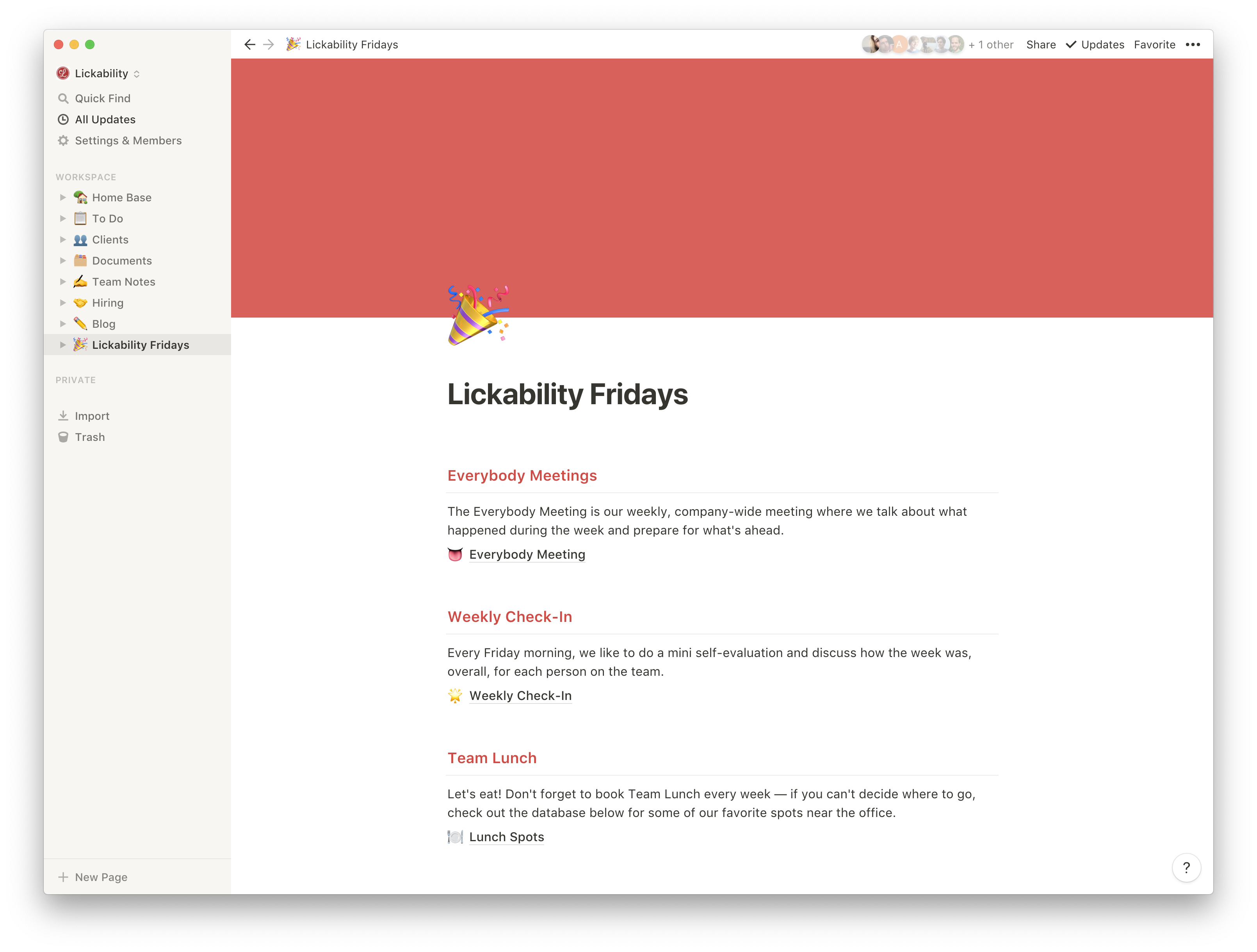 Screenshot of the Lickability Notion Lickability Fridays page.