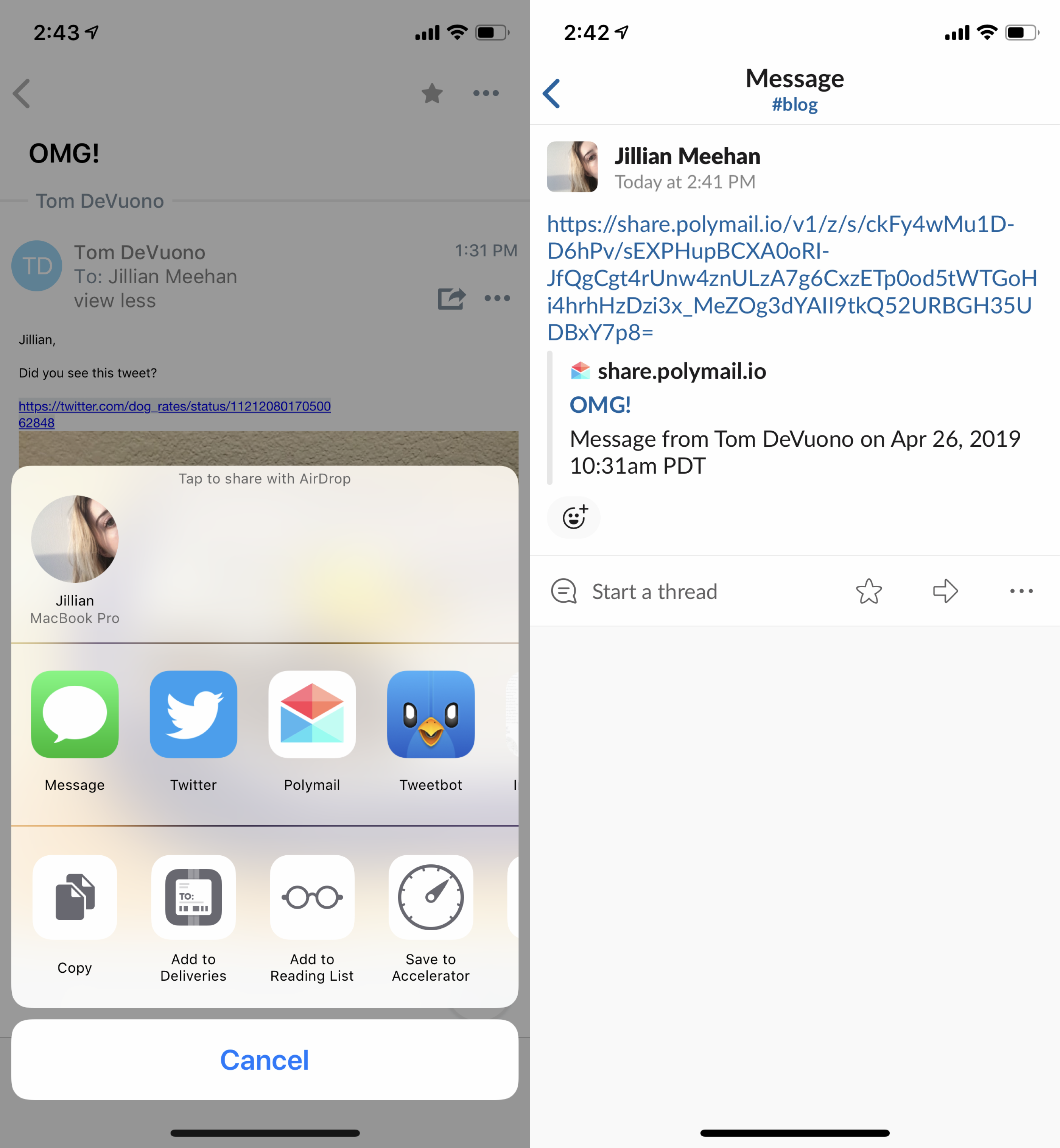 Two screenshots of the sharing feature in the Polymail iOS app.