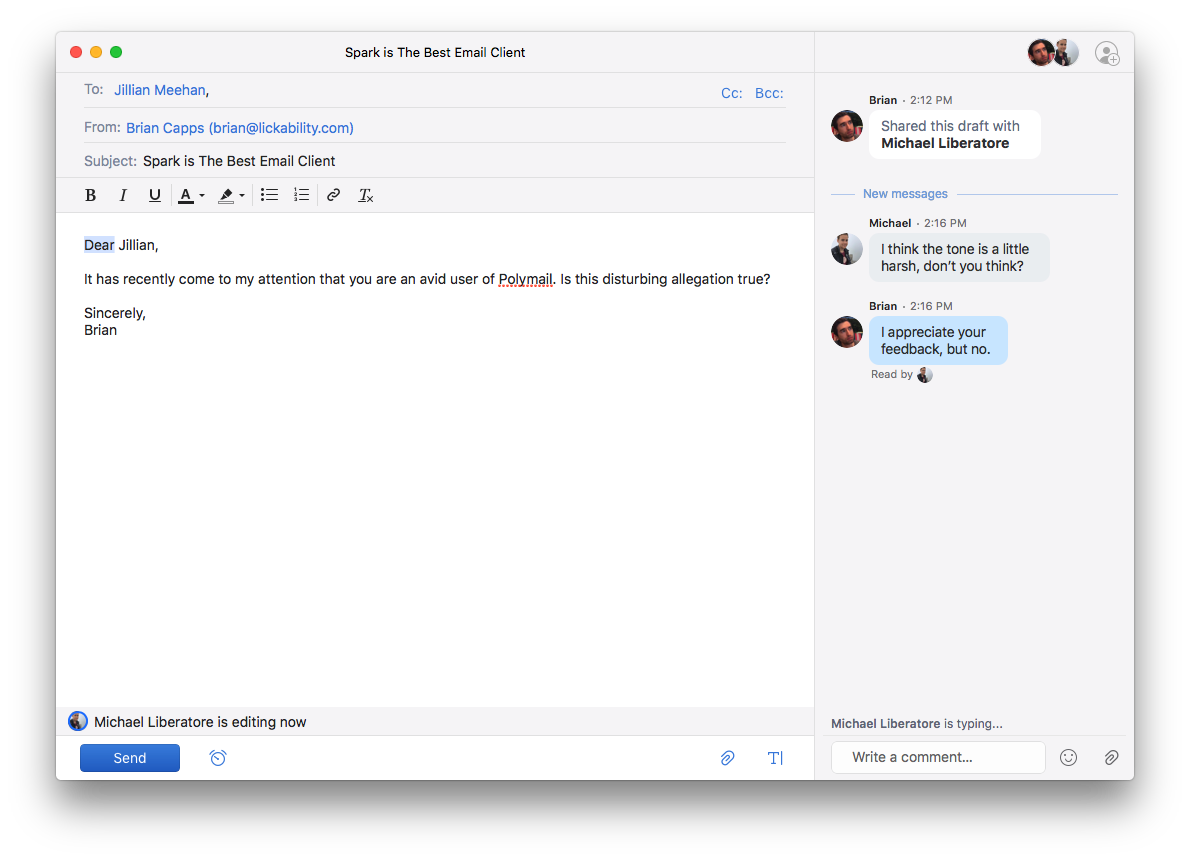A screenshot of the macOS app Spark Mail showing email collaboration.