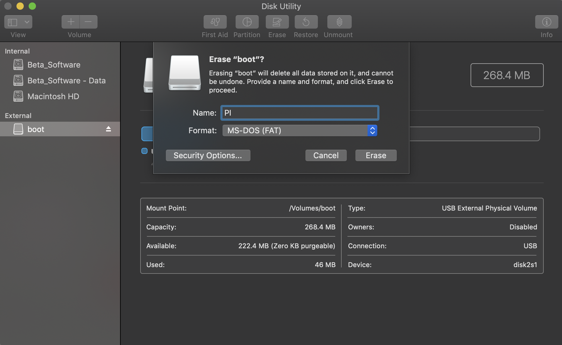 Screenshot of the Disk Utility app on MacOS erasing the boot volume.