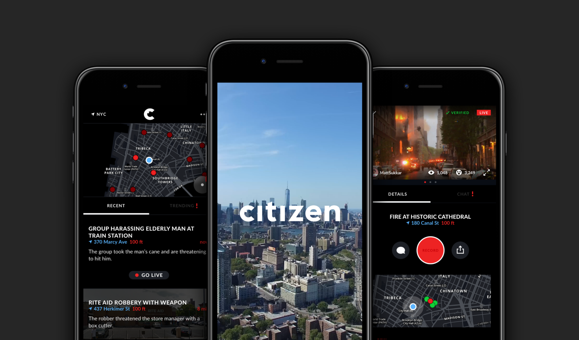 Three phones showing screenshots of the Citizen app