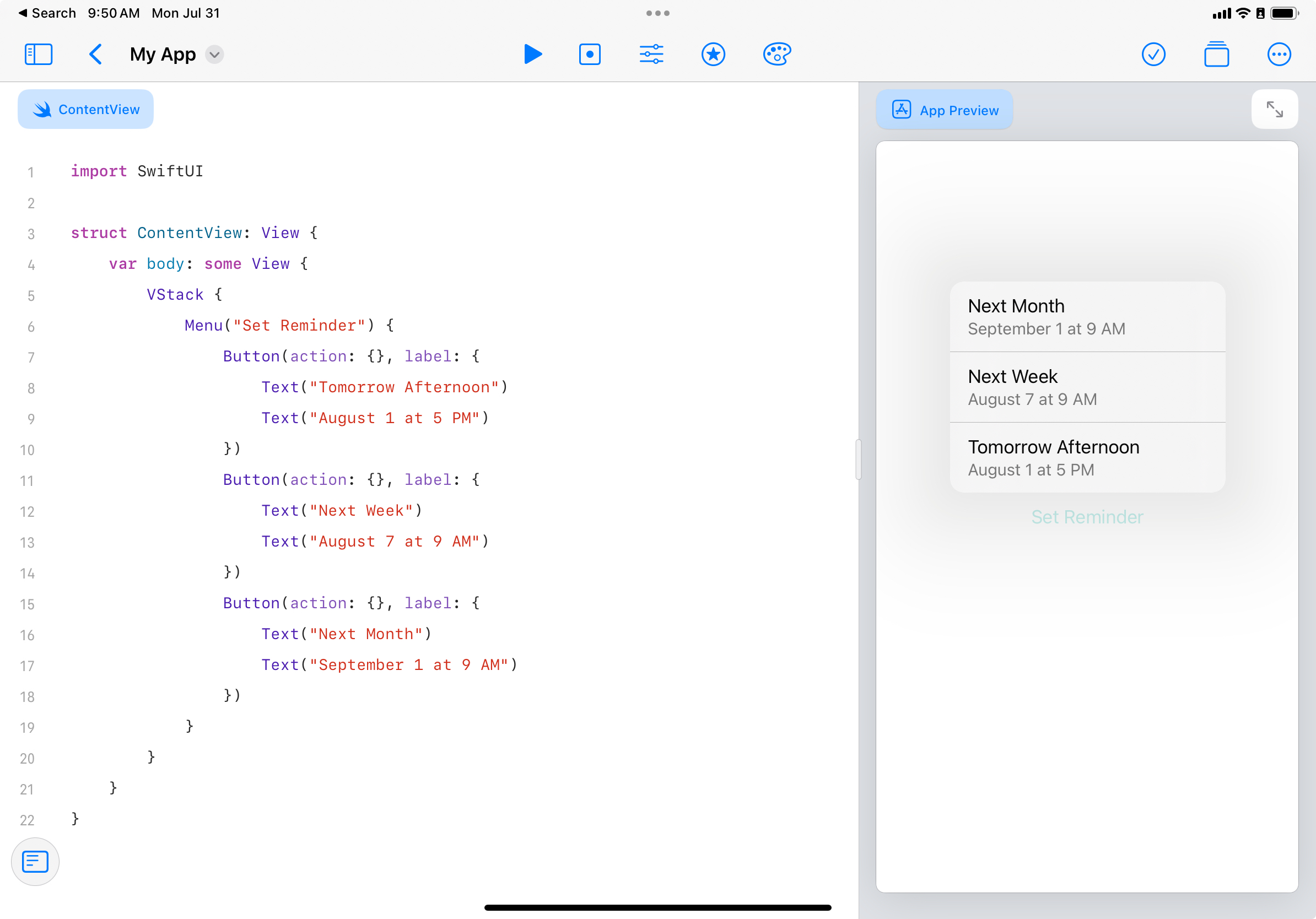 A SwiftUI view running in the Swift Playgrounds iPad app. The view contains a menu with three buttons. The label for each button contains two unsettled Text views. On the right, a preview shows the open menu. The first text view is presented as the menu option title, the second is presented as a smaller, gray subtitle.