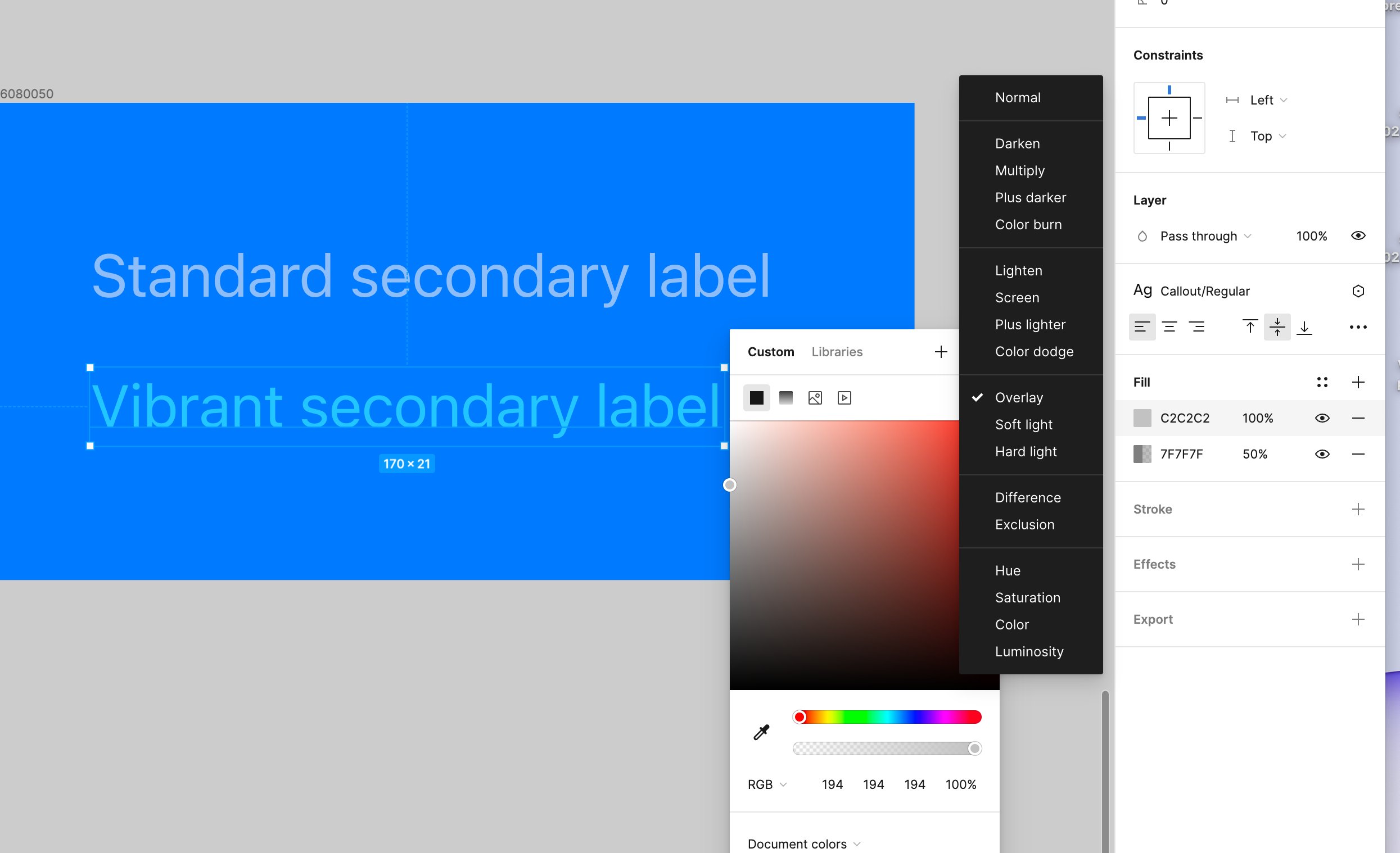 Two text boxes in Figma with one selected, showing a vibrant secondary label. The inspector reveals two fill colors at different opacities, one with an overlay blend mode.