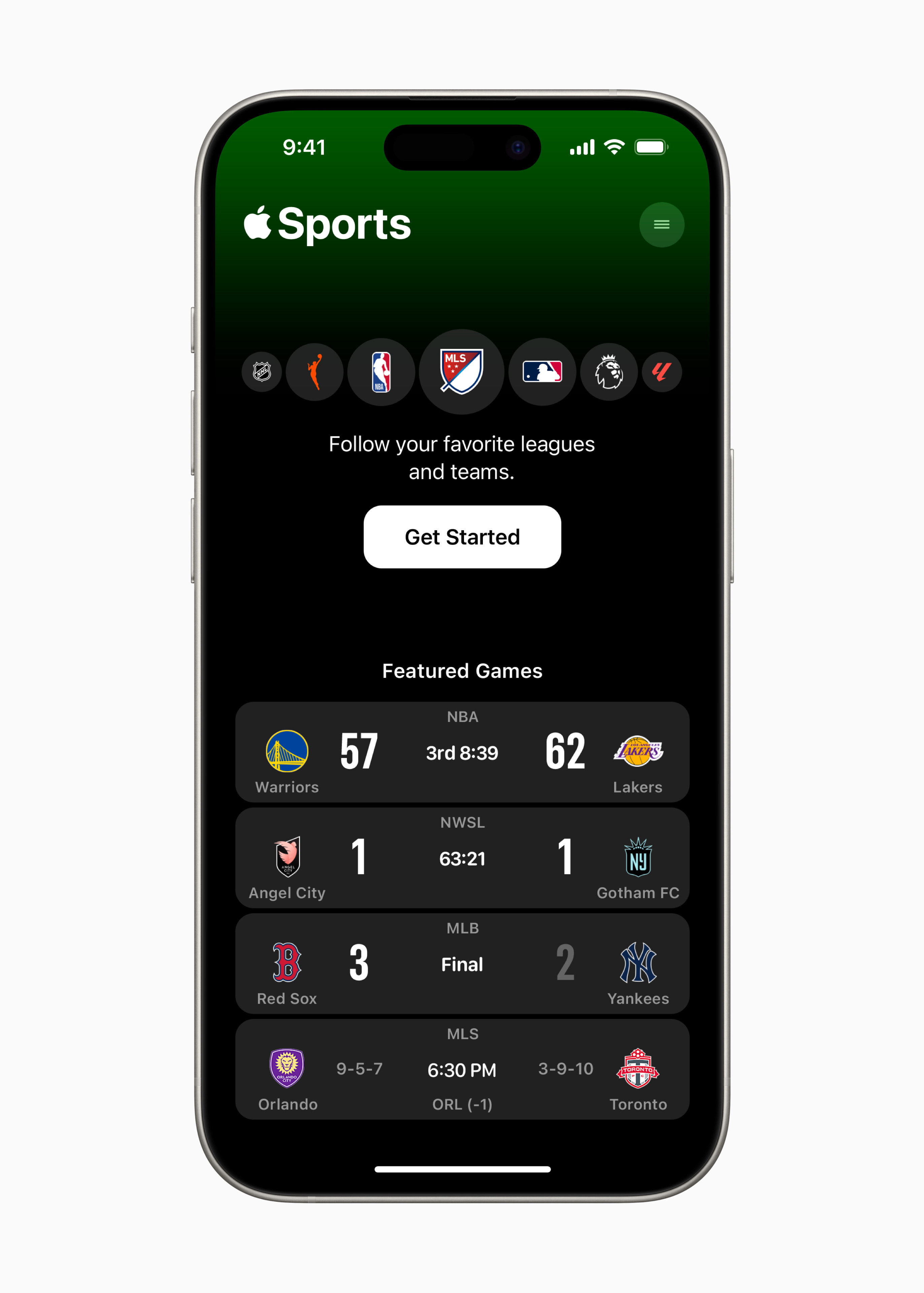 The home screen for Apple Sports is shown on the iPhone 15 Pro, prompting the user to set up their experience. A faint green fades from the top of the screen to black below the nav bar.