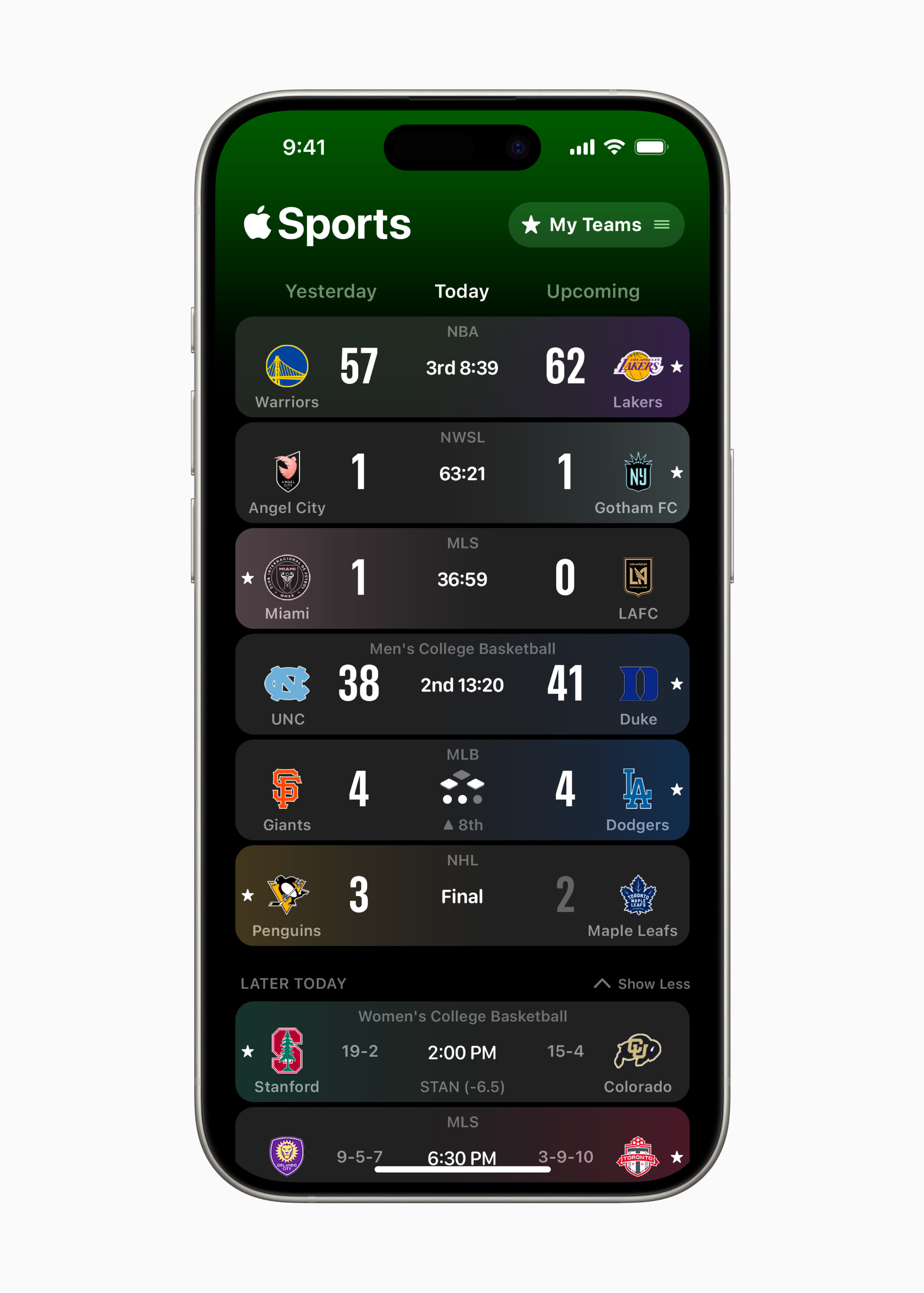 The My Teams page within Apple Sports, showing a list of upcoming games. At the top, the words Yesterday and Upcoming are dimmed, while the word Today is bright and selected. A bit of the green background bleeds through the labels.