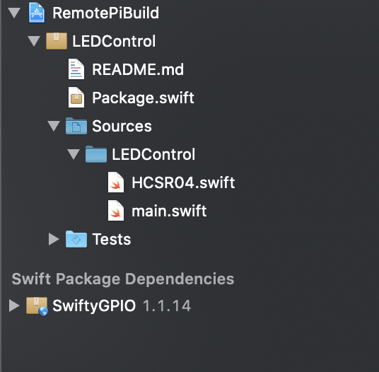 A screenshot of the XCode project navigator, showing the HCSR04.swift and main.swift files nested in the LEDControl folder, nested in the Sources folder.