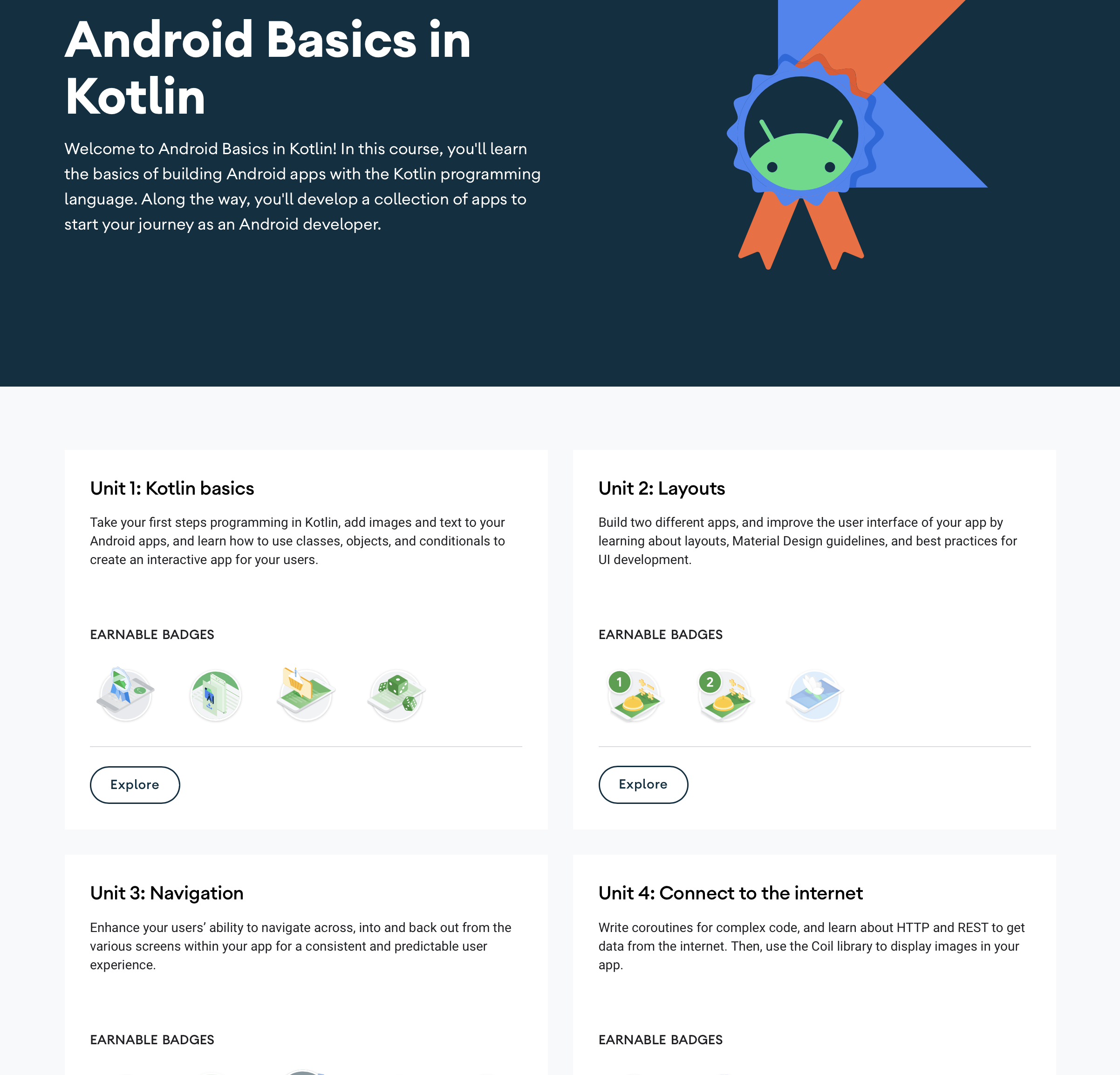 Screenshot of the "Android Basics in Kotlin" course page showing several course units, with more cropped at the bottom, intended to show how comprehensive the course is.