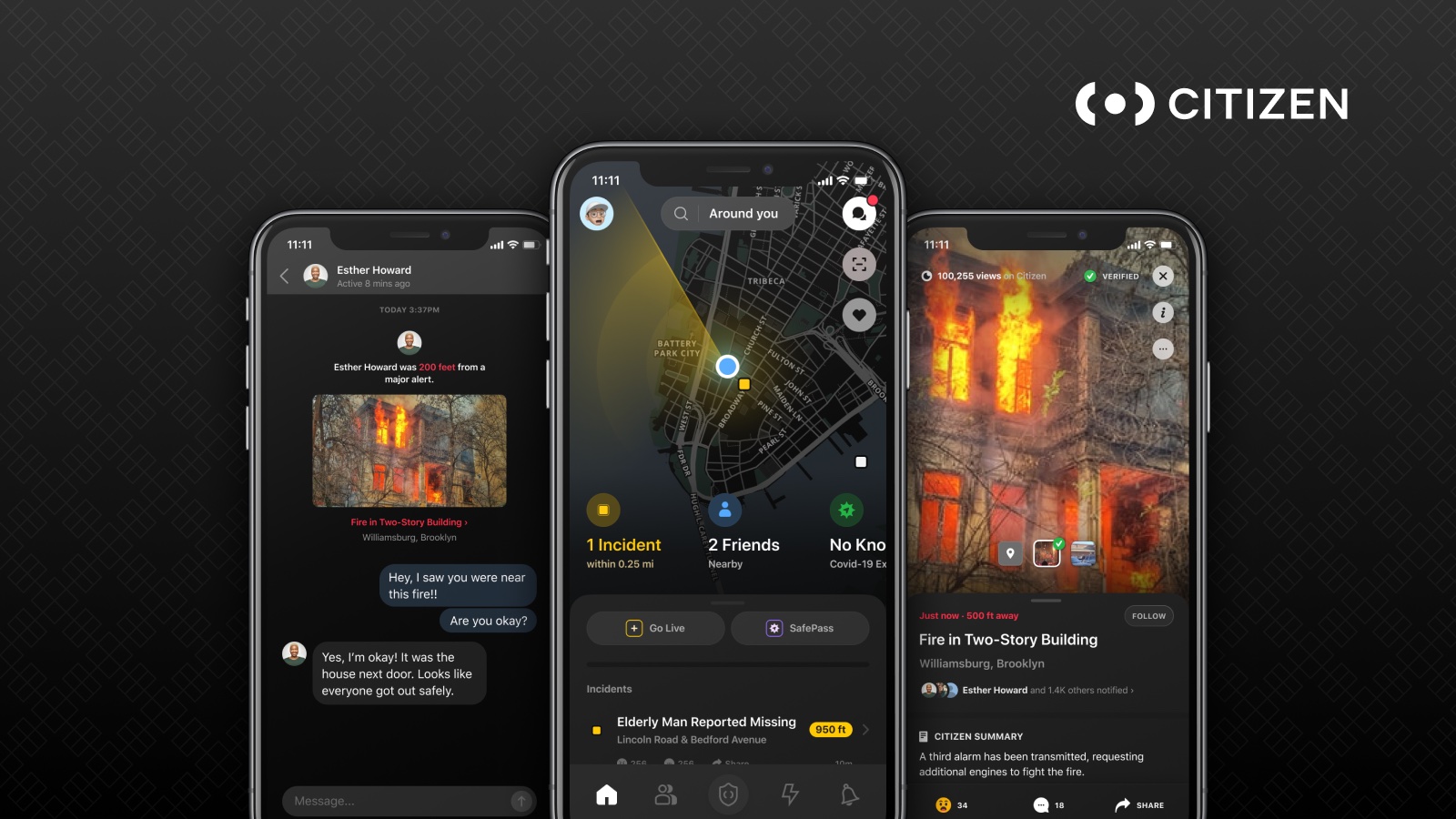 Three phones showing screenshots of the Citizen app