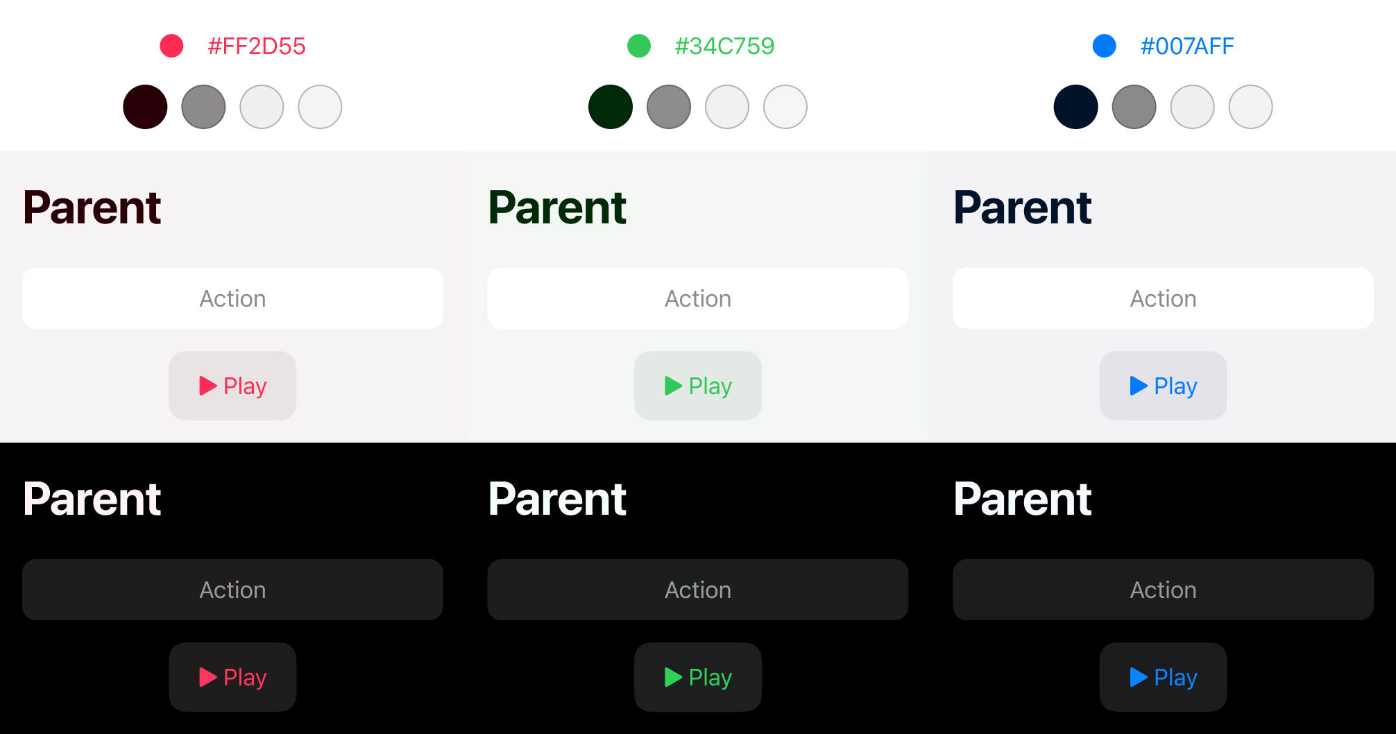A mockup of three iOS screenshots with pink, green, and blue accents. The labels, buttons, backgrounds are all tinted respectively. The normally-pure-black title in the green mockup, for example, now takes on a deep forest green color.