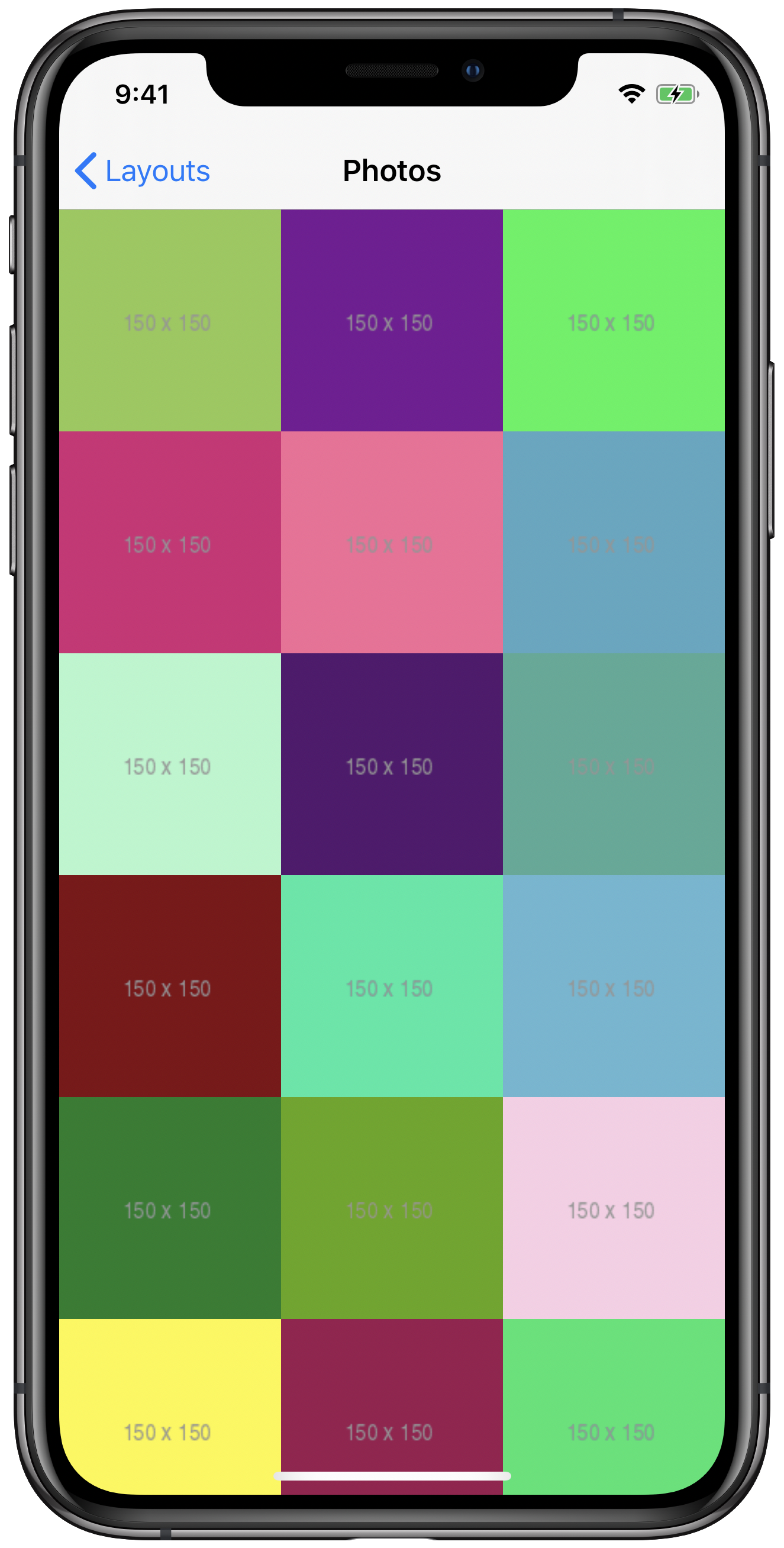 iPhone simulator screenshot of a grid layout