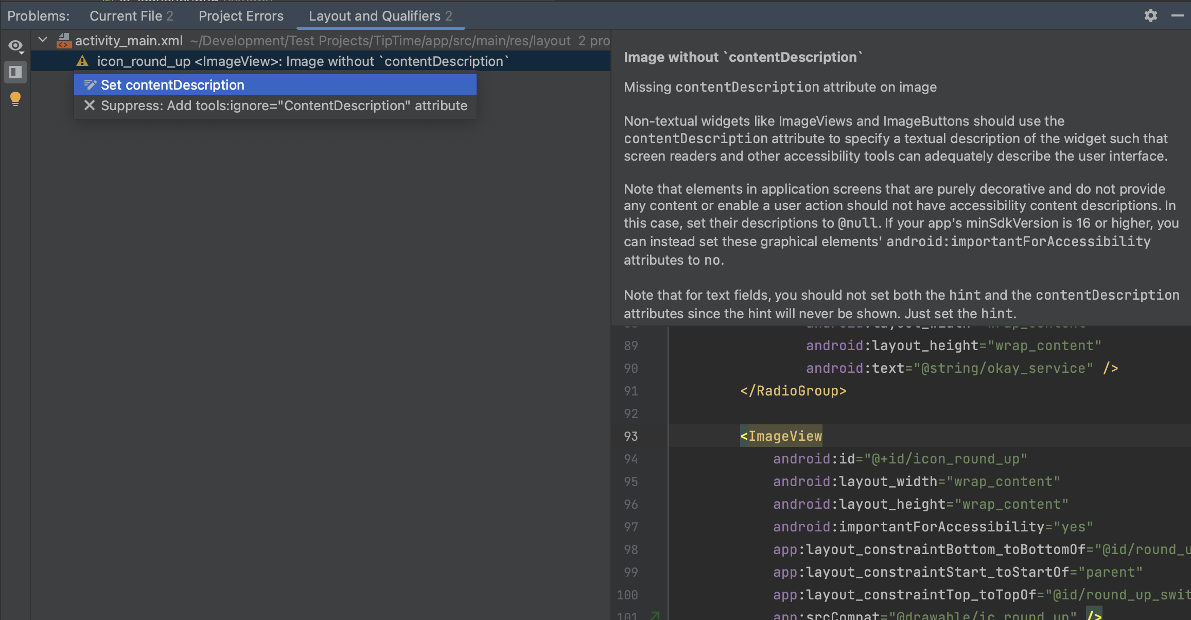 Android Studio screenshot showing the right-click menu of a warning stating that an image view's image is lacking a content description. The highlighted auto-fix option in the menu is to set a content description.